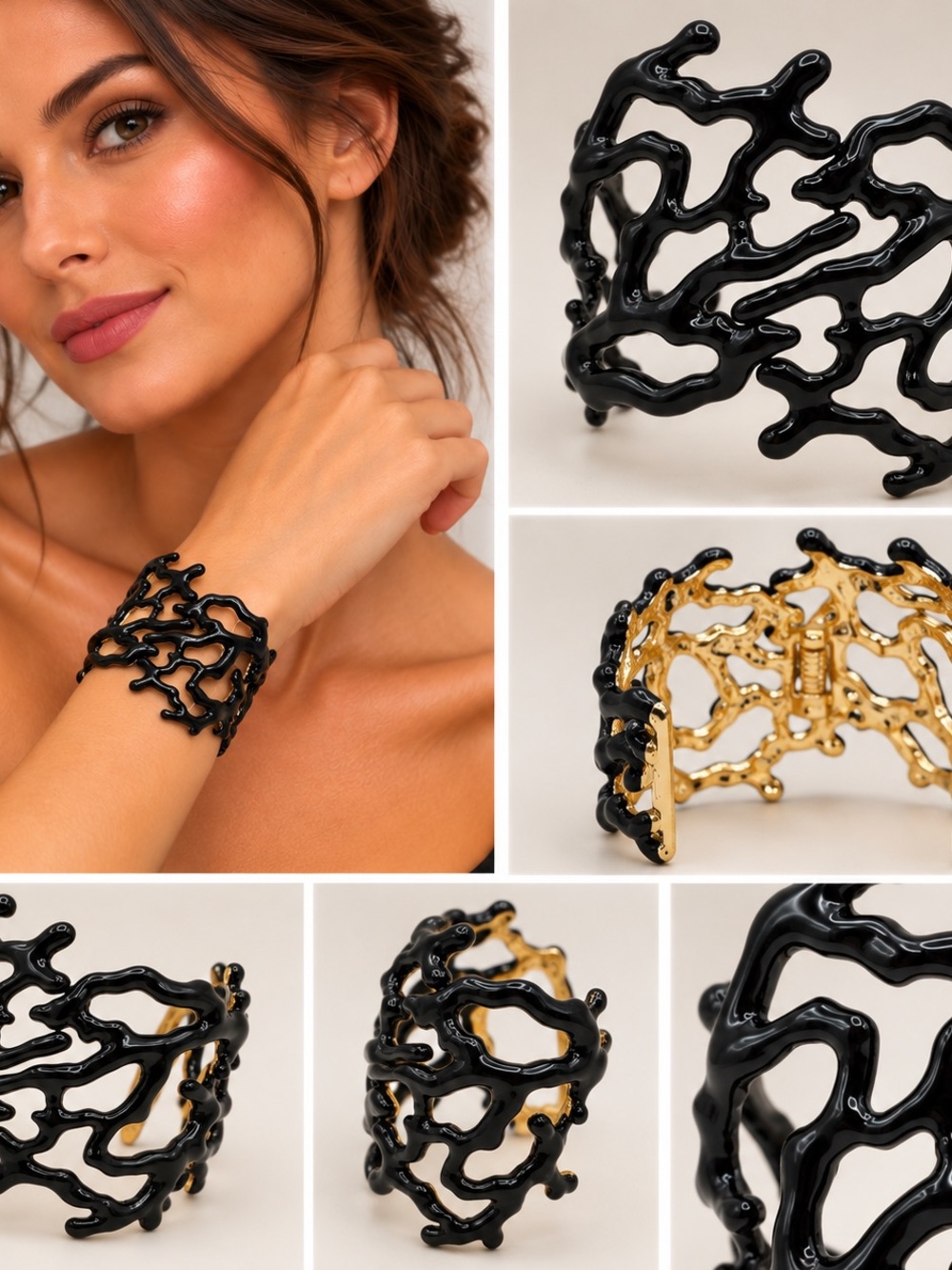 Kenneth Jay Lane Black Enamel Gold Tone Openwork Statement Cuff Bracelet